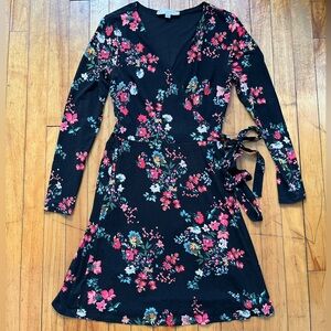 LOFT Black Floral Long Sleeve Dress